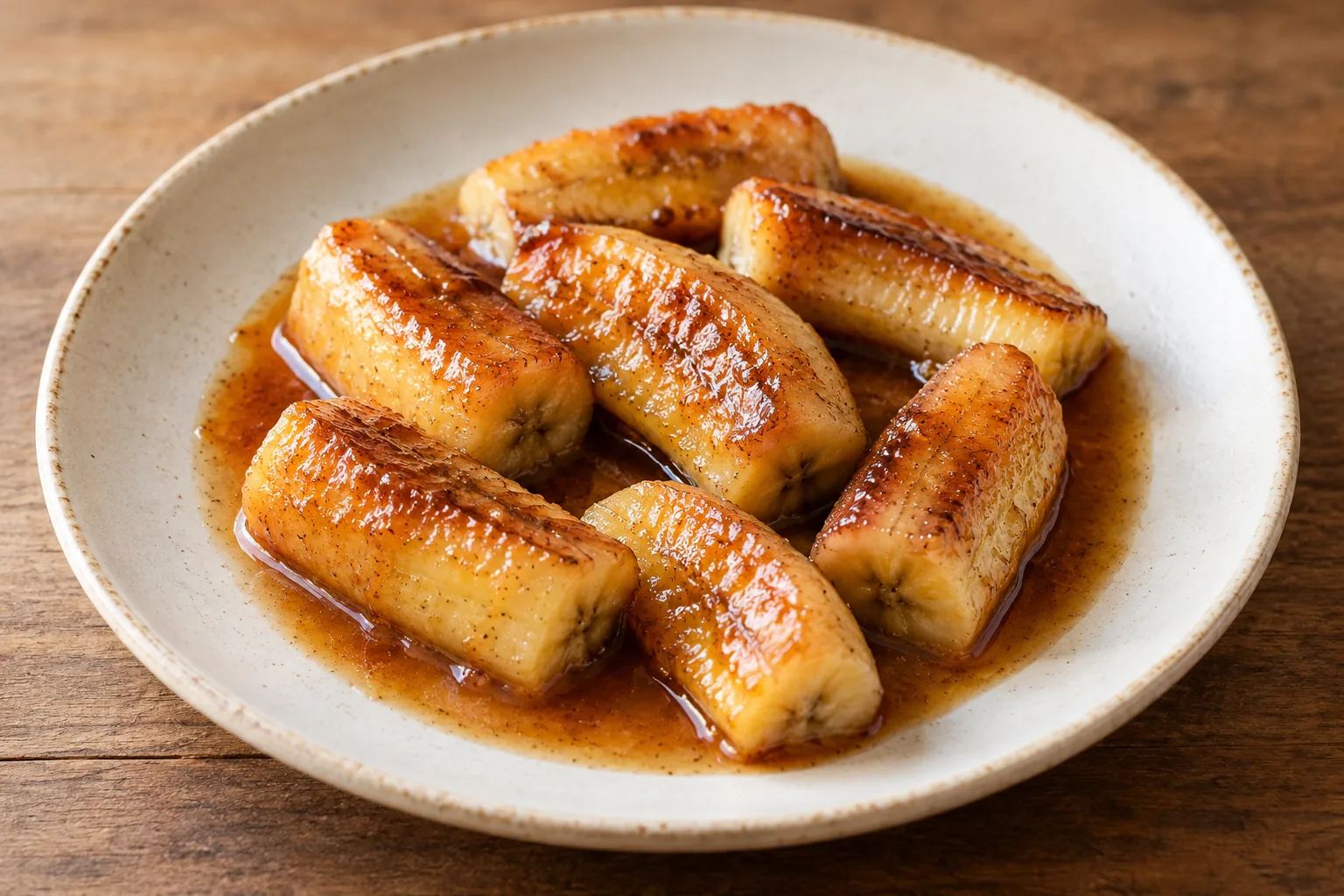 Morceaux de bananes caramélisées et leur sauce dorée dans une assiette