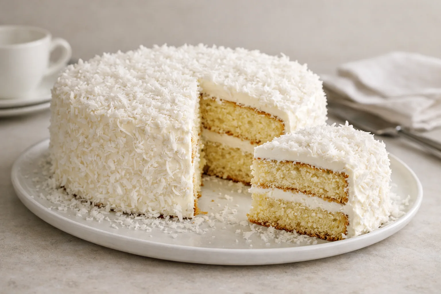 gâteau moelleux à la noix de coco recouvert de crème et copeaux de coco