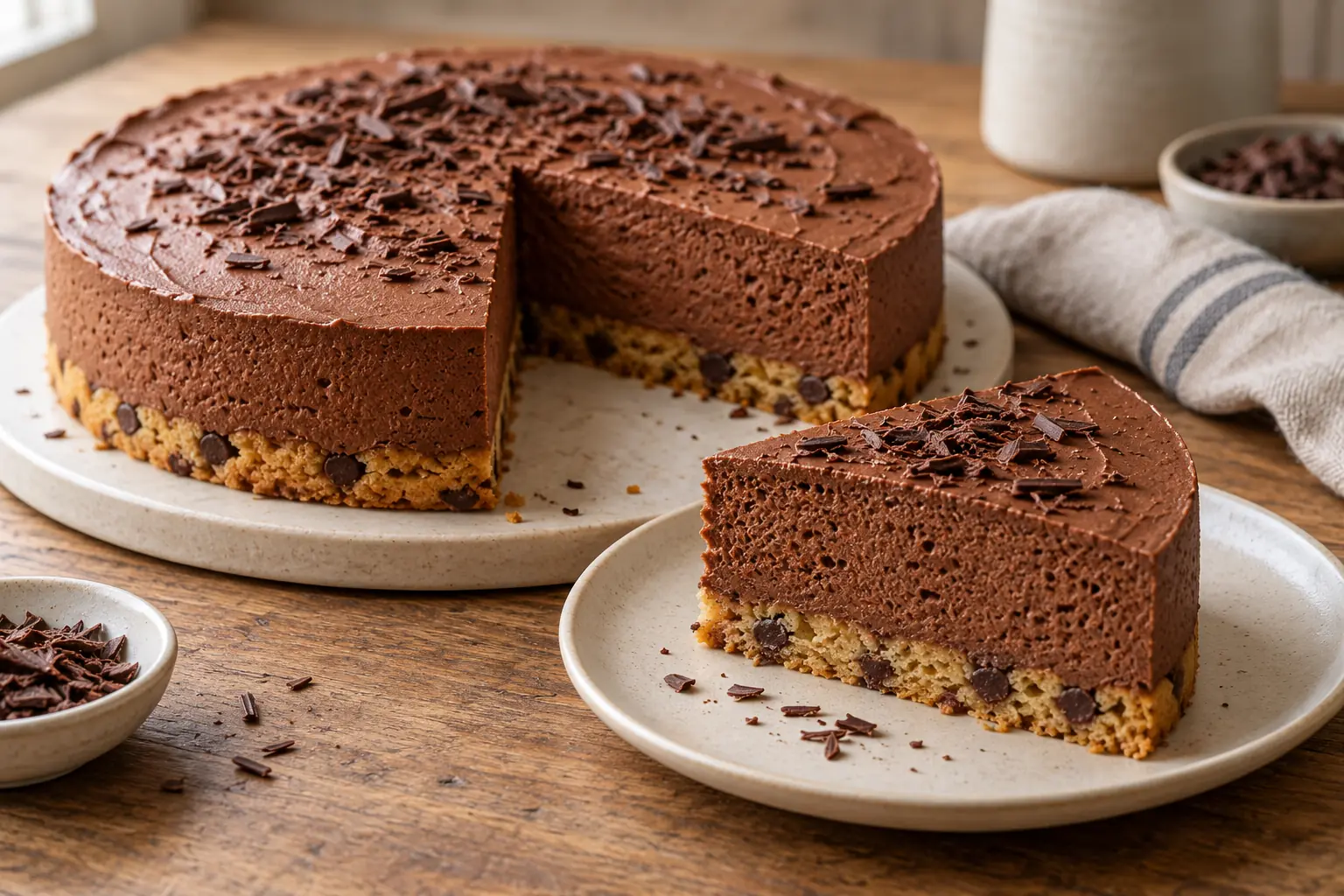 Part d'entremets avec une base cookie aux pépites et une couche de mousse au chocolat