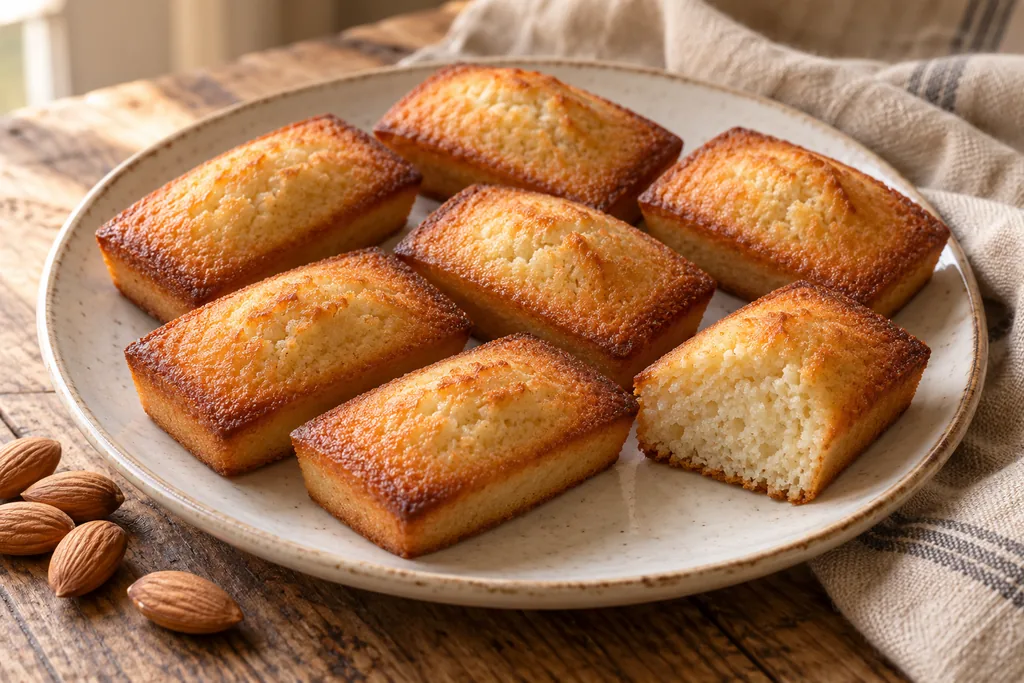 Financiers rectangulaires aux amandes, avec un gâteau ouvert montrant la mie