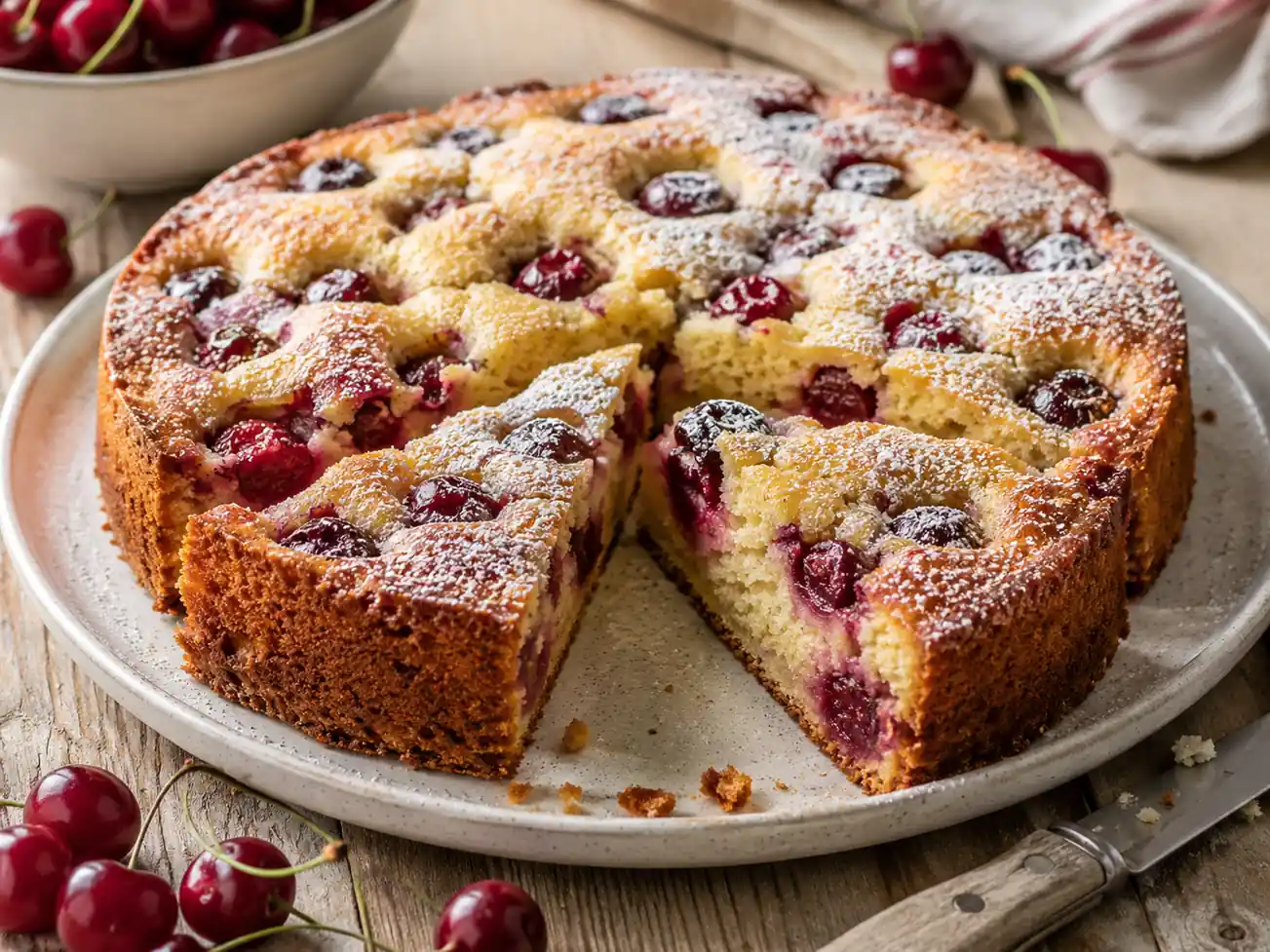 Gâteau aux cerises moelleux découpé en parts