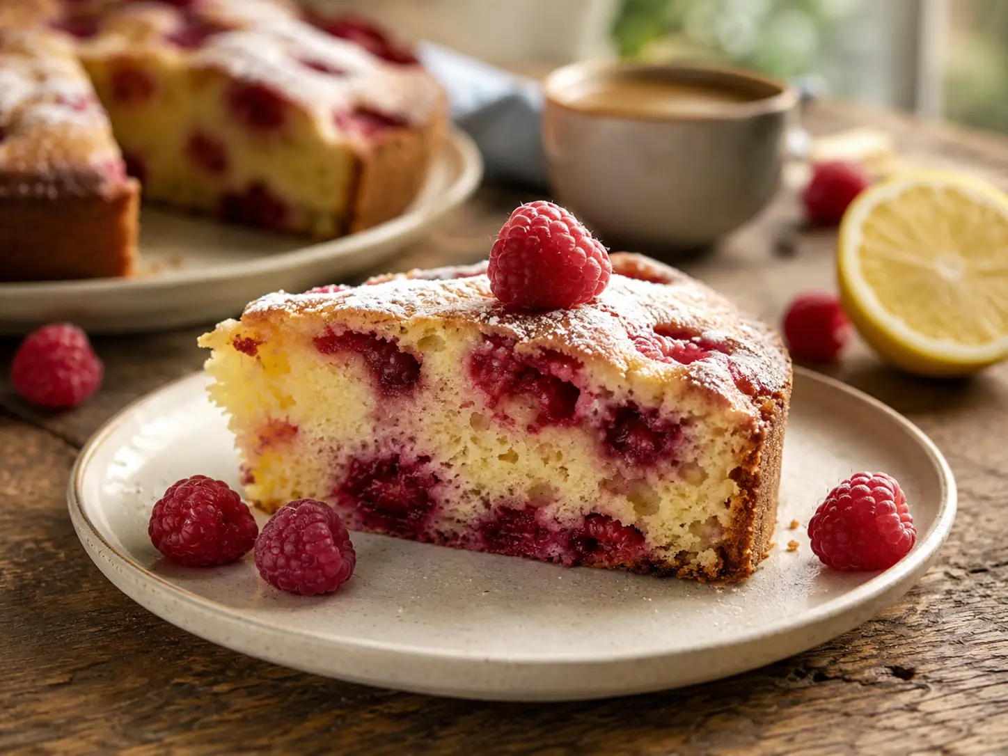 Part de gâteau moelleux aux framboises saupoudrée de sucre glace