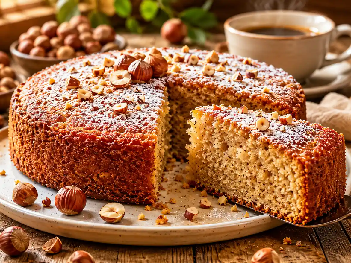 Part de gâteau moelleux aux noisettes saupoudrée de sucre glace