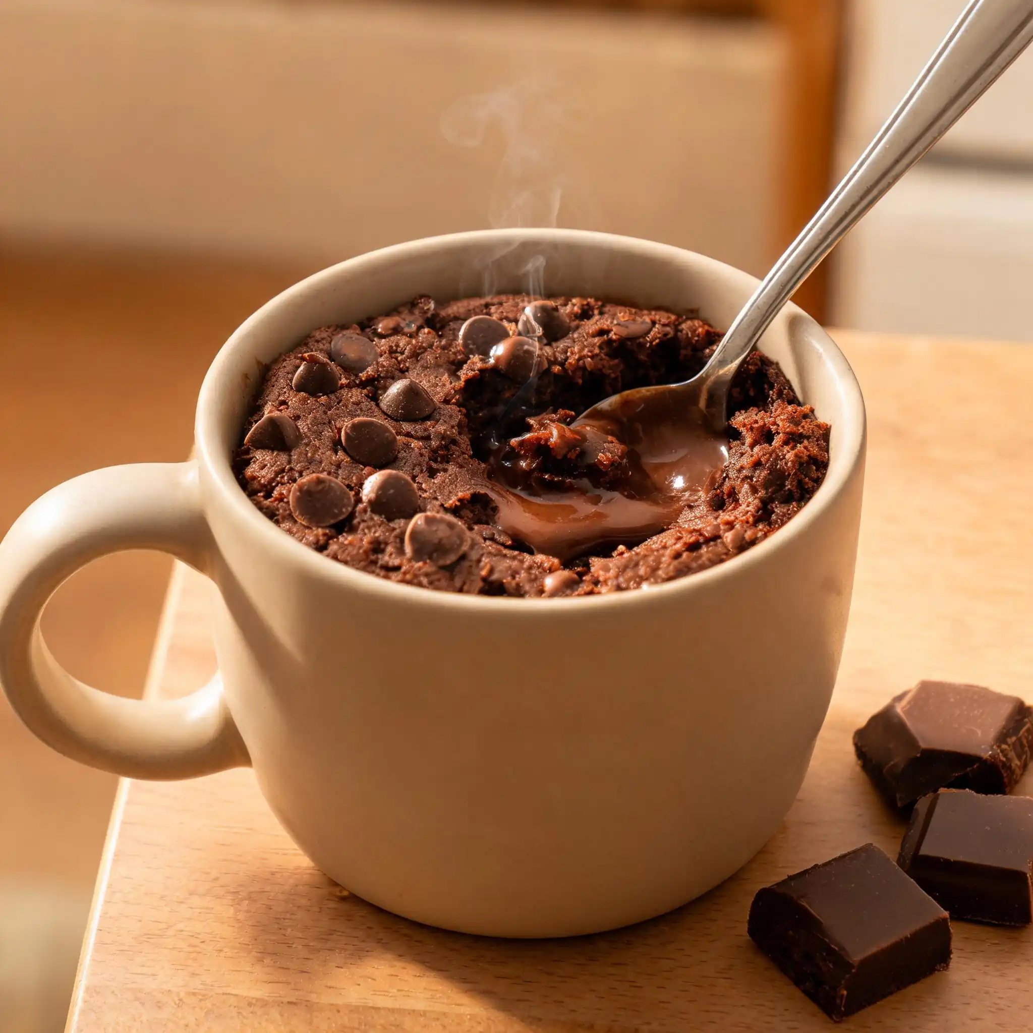 Mug cake au chocolat fondant juste sorti du micro-ondes