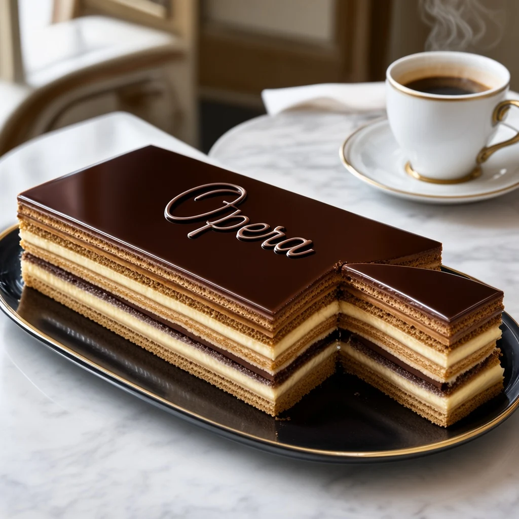 Part de gâteau Opéra aux fines couches de café et chocolat