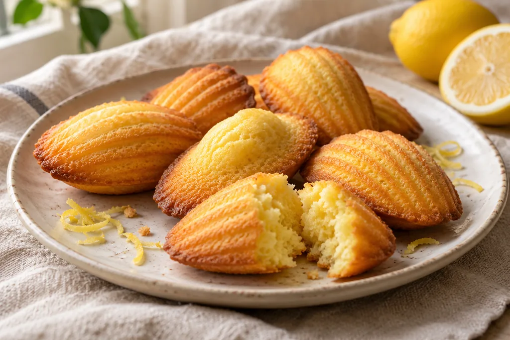 Madeleines au citron dorées en forme de coquillage sur une assiette