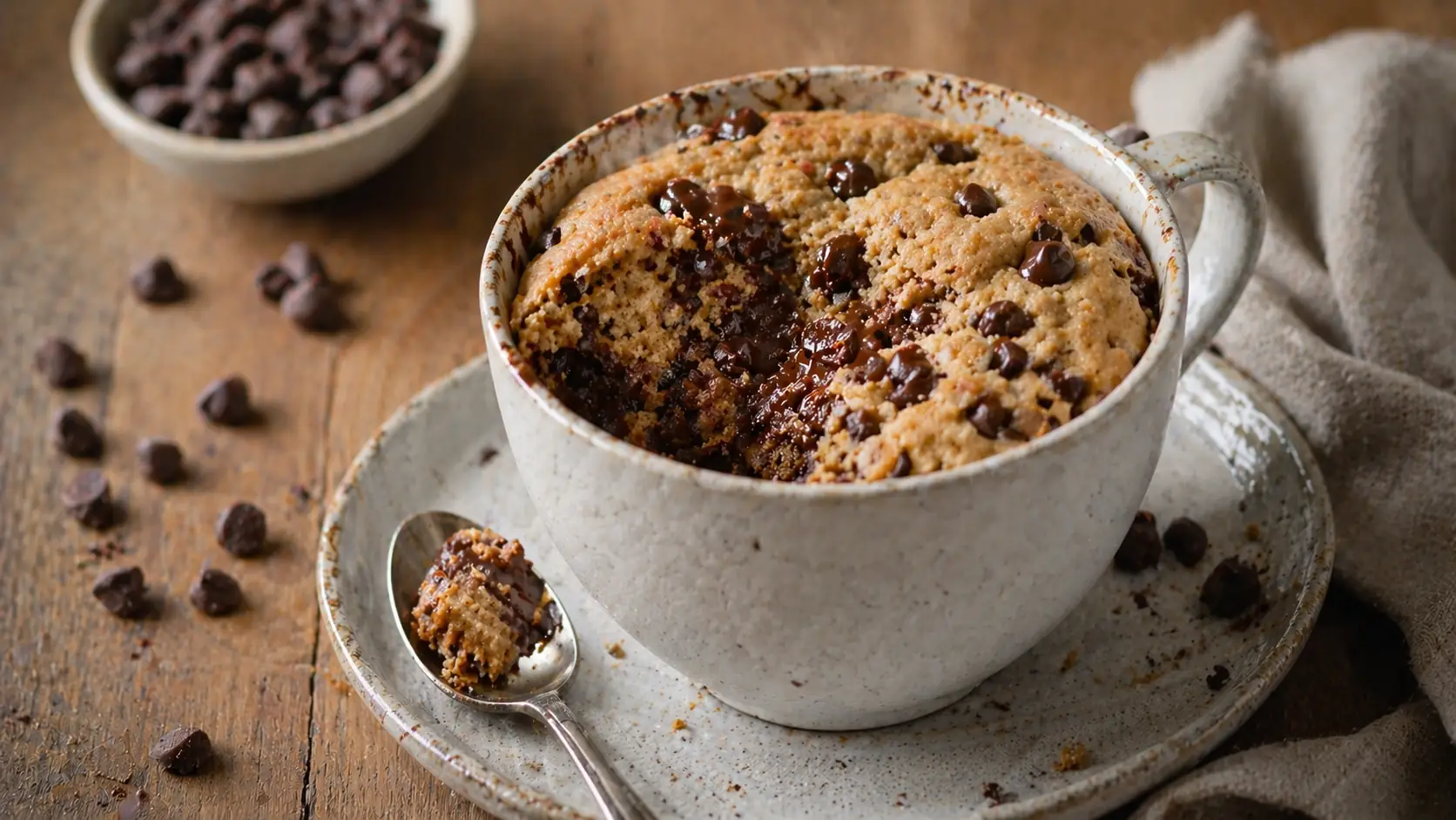 Mug cake cookie tiède dans une grande tasse avec pépites de chocolat
