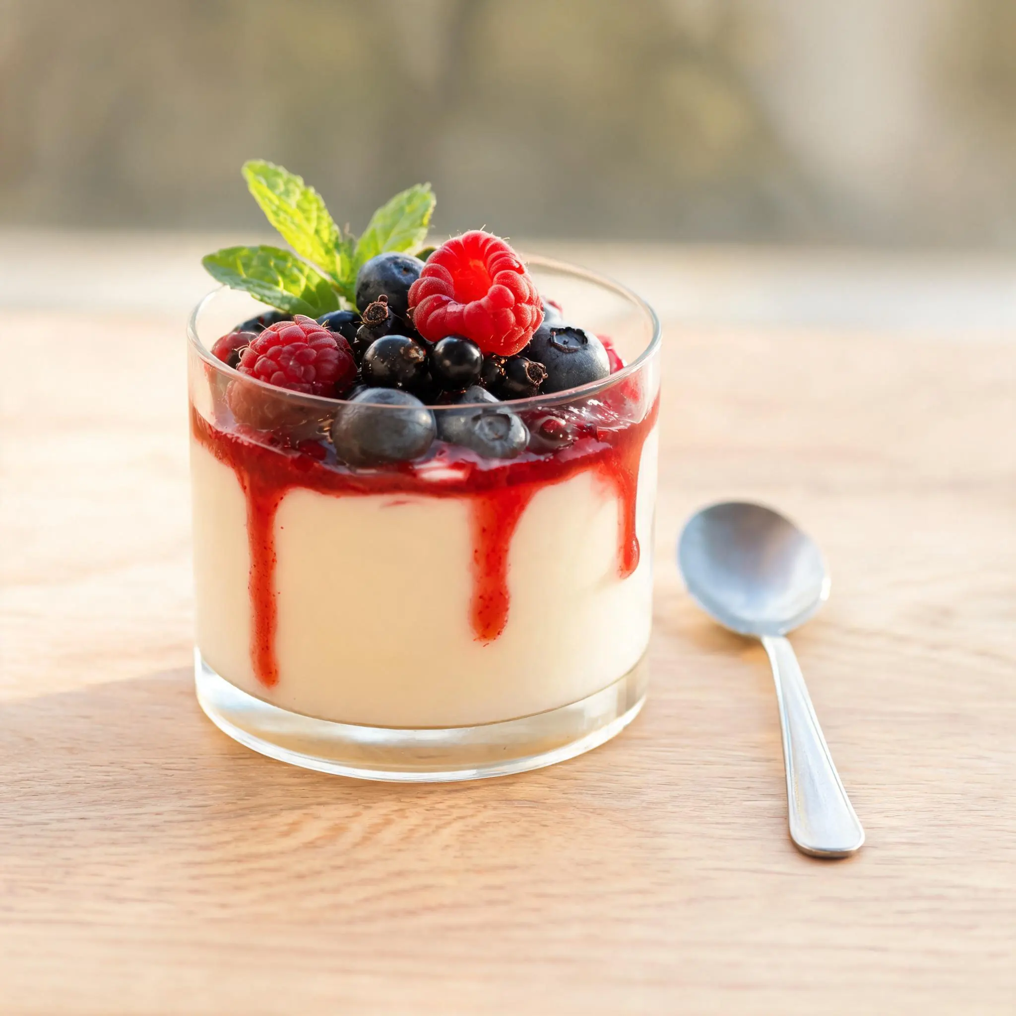 Panacotta légère servie en verrines avec des fruits rouges