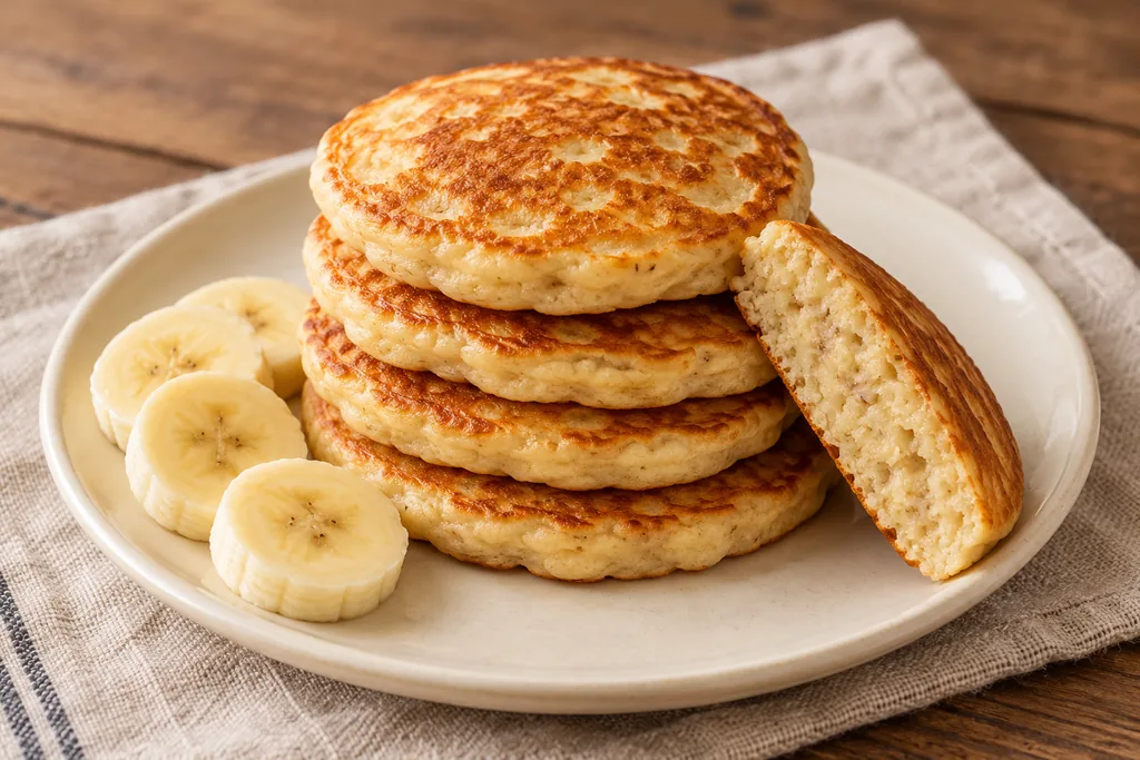Petite pile de pancakes à la banane dorés avec une portion ouverte et des rondelles de fruit