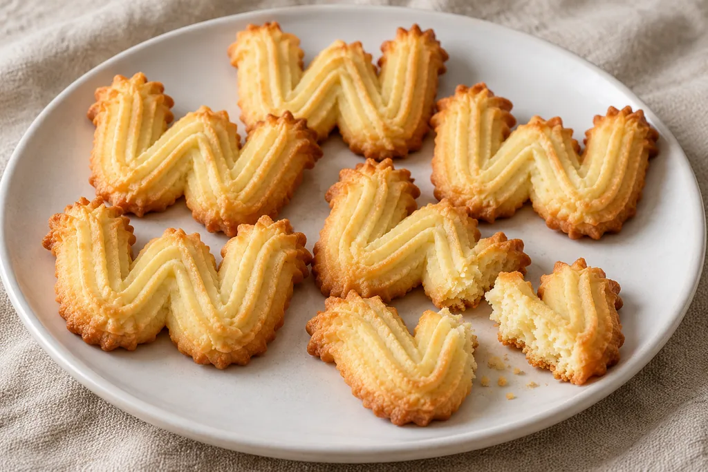 Biscuits spritz à la vanille en forme de W, dorés et striés sur une assiette